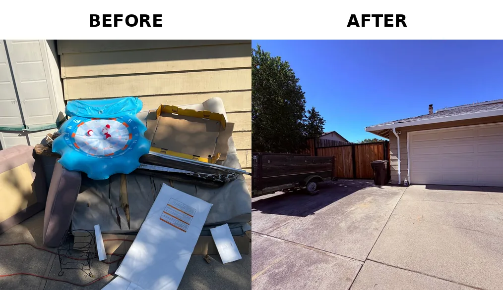 Before and after junk pile removal by MZM Junk Removal in Citrus Heights, CA 95610: old cushions, boxes and scrap cleared from beside a house