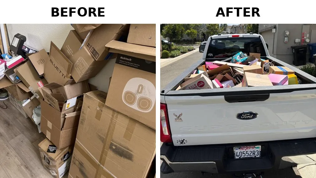Before and after cardboard box pile haul-away by MZM Junk Removal in Citrus Heights, CA 95610