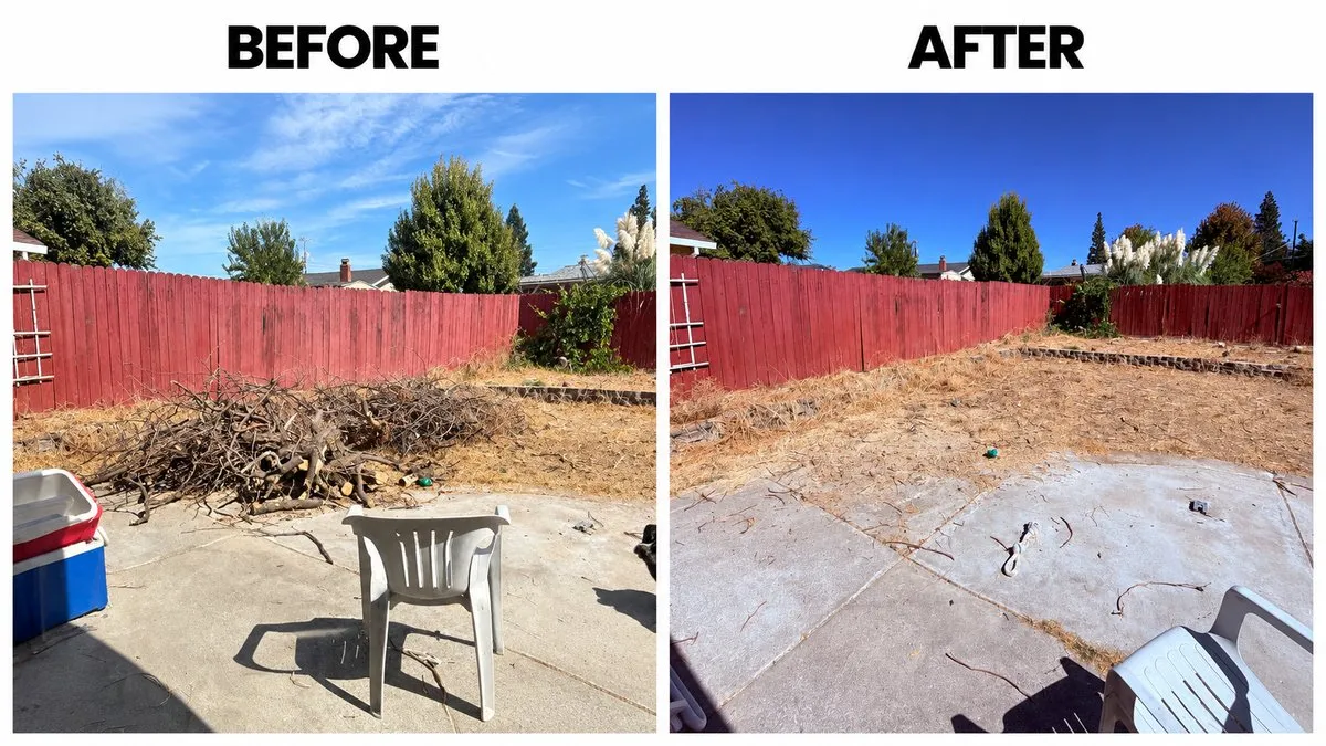 Before and after yard debris cleanout in Citrus Heights, CA 95621