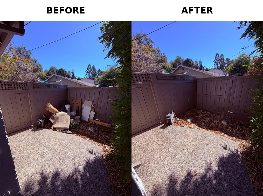 Before and after side-yard cleanout in Fair Oaks, CA 95628: boxes and debris cleared from a side patio
