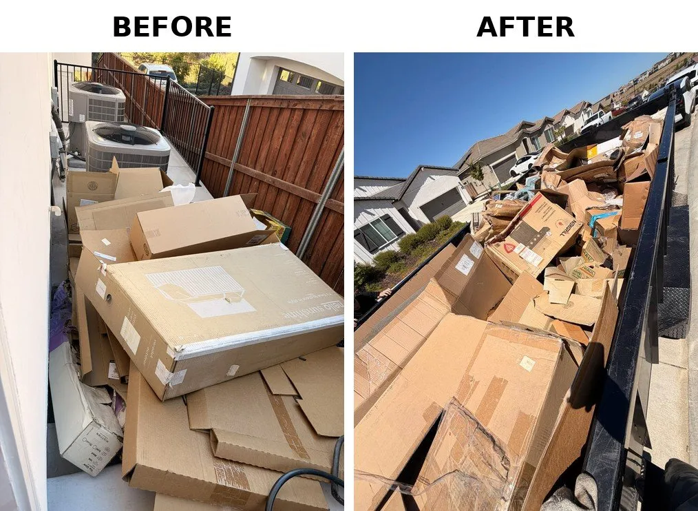 Pile of cardboard boxes before and loaded into the trailer after removal by MZM Junk Removal in Folsom, CA 95630