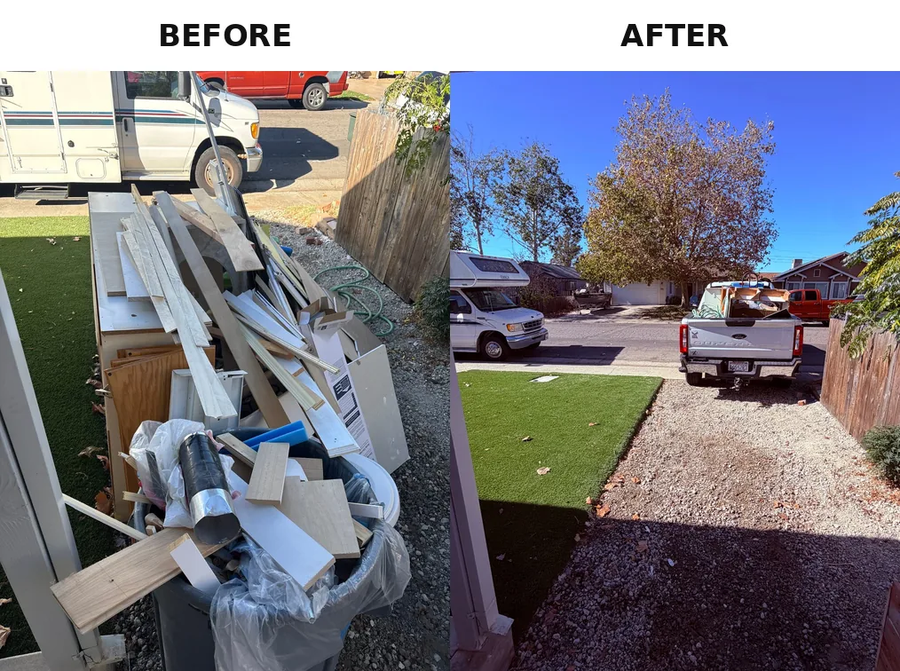 Before and after wood and cabinet debris removal from a front yard in Lincoln, CA 95648