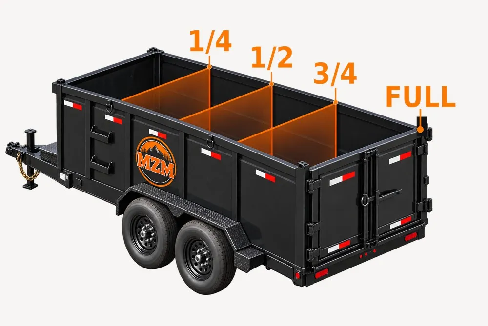 MZM Junk Removal trailer shown at quarter, half and three-quarter capacity for pricing