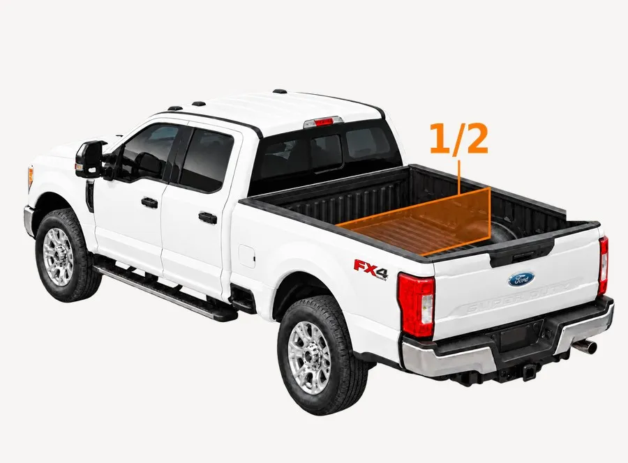 Pickup truck bed shown at half load and full capacity for junk removal pricing