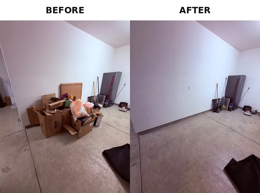 Before and after cardboard box and packaging removal from a garage in Rancho Cordova, CA 95742