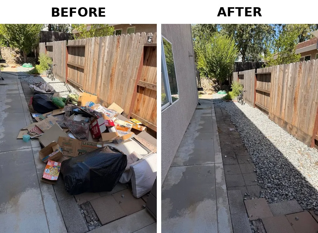 Before and after side yard debris cleanout in Rancho Cordova, CA 95670: boxes and bagged junk cleared from a side-yard walkway
