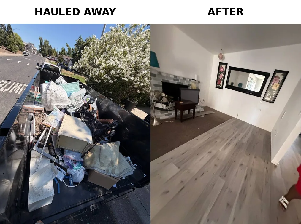 Household junk removal in Roseville, CA 95678 — trailer loaded with bags, a cabinet, a folding cart and bedding, and the cleared room afterwards