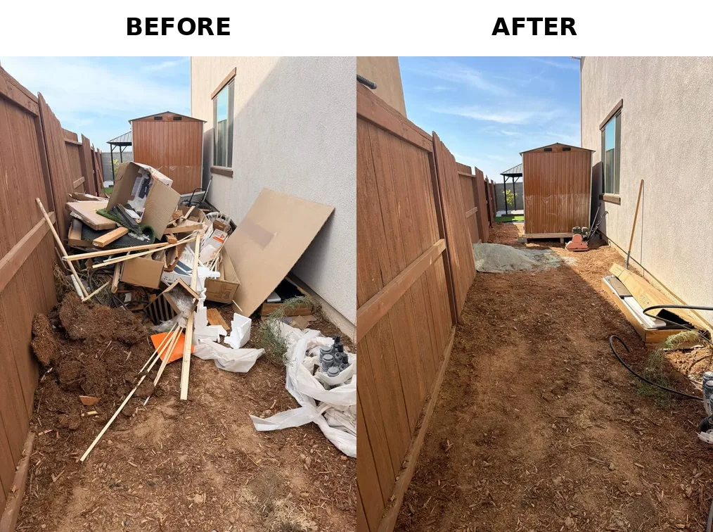 Before and after side yard debris removal in Roseville, CA 95678