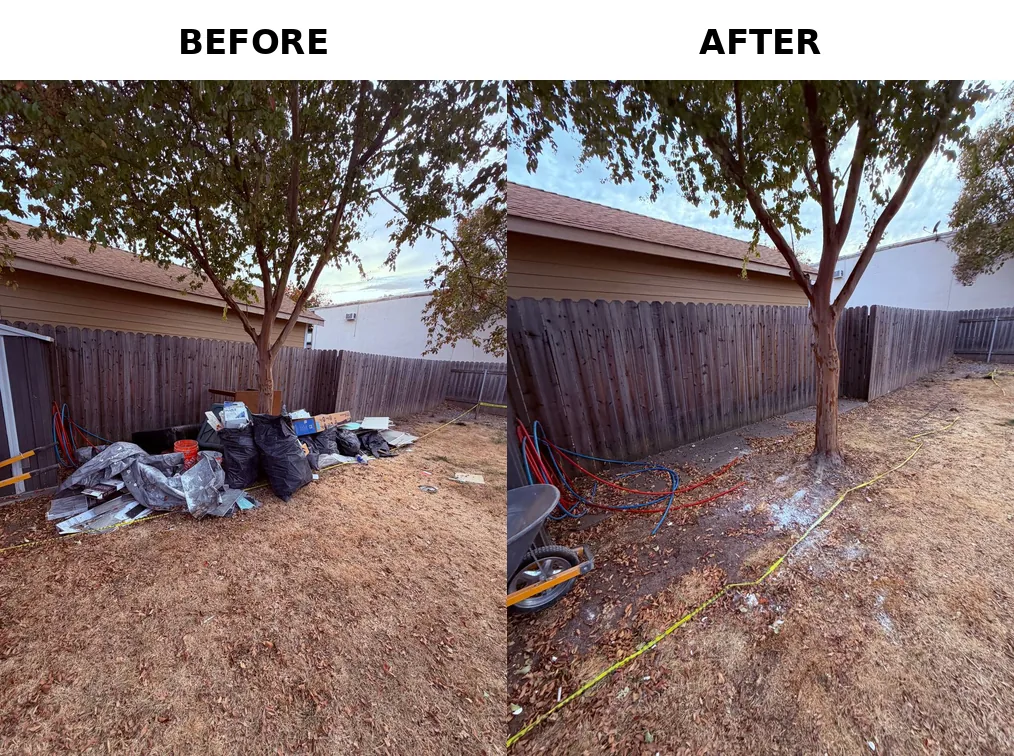 Before and after backyard debris removal in Sacramento, CA 95821: trash bags, cardboard, tarps and boards cleared from a fence line