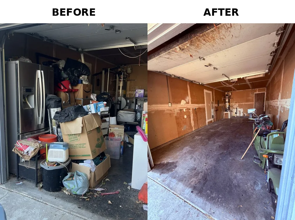 Before and after garage cleanout with refrigerator in Sacramento, CA 95826